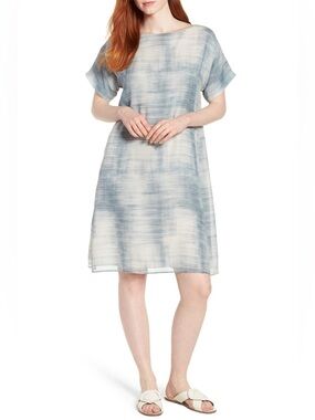 Eileen Fisher Bateau Neck Blue Daze Silk Shift Dress Blue LP NWT! retail $258